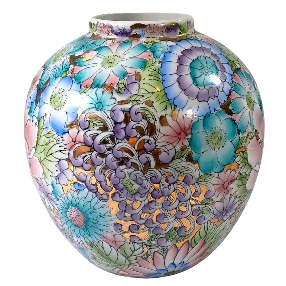 Fine Chinese Porcelain Thousand Flowers Gold Leaf Large Ovoid Ginger Jar Vase 9" - Picture 4 of 7